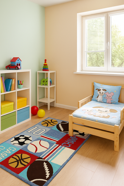 Sports Ball Kids Rug | Colorful Hand-Tufted Athletic Theme Play Mat.
