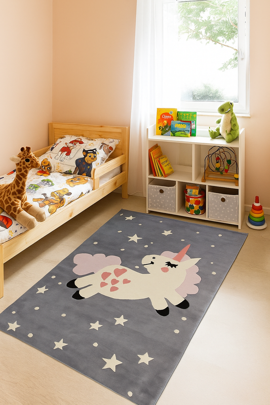 Magical Unicorn Kids Rug – Custom Gray & Beige Hand-Tufted Stars and Hearts Play Mat