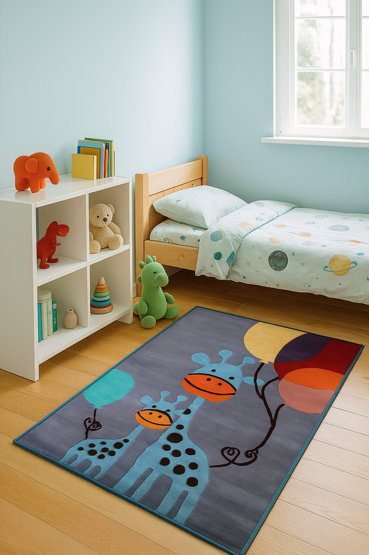 Cute Giraffe & Balloons Kids Rug – Custom Gray Hand-Tufted Nursery Play Mat
