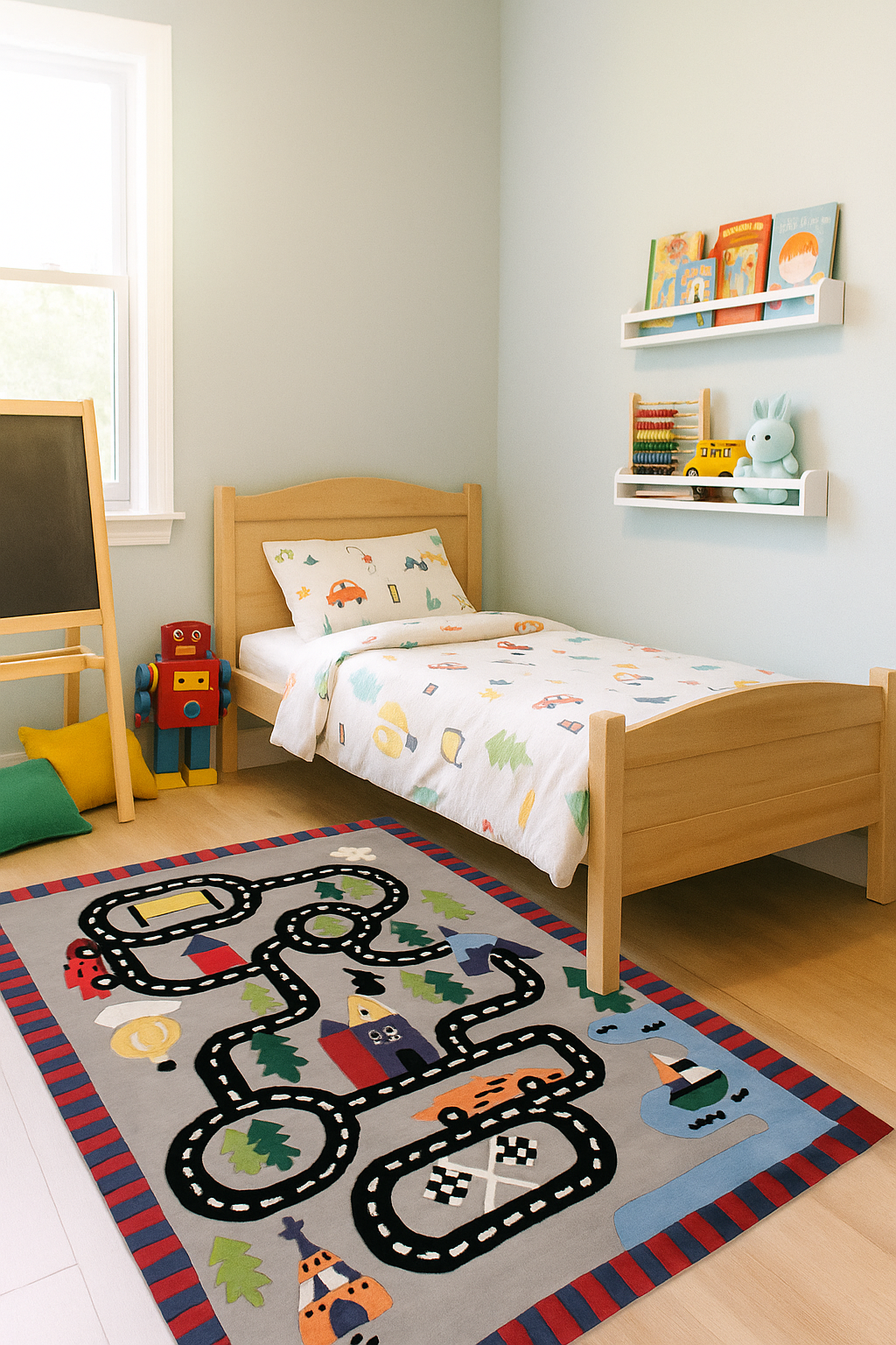 Race Track Kids Rug – Gray Hand-Tufted Car Playmat Imaginative Play.