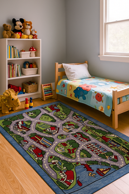 Kids City Play Rug – Custom Green & Gray Hand-Tufted Road Map Playmat for Cars & Imaginative Play