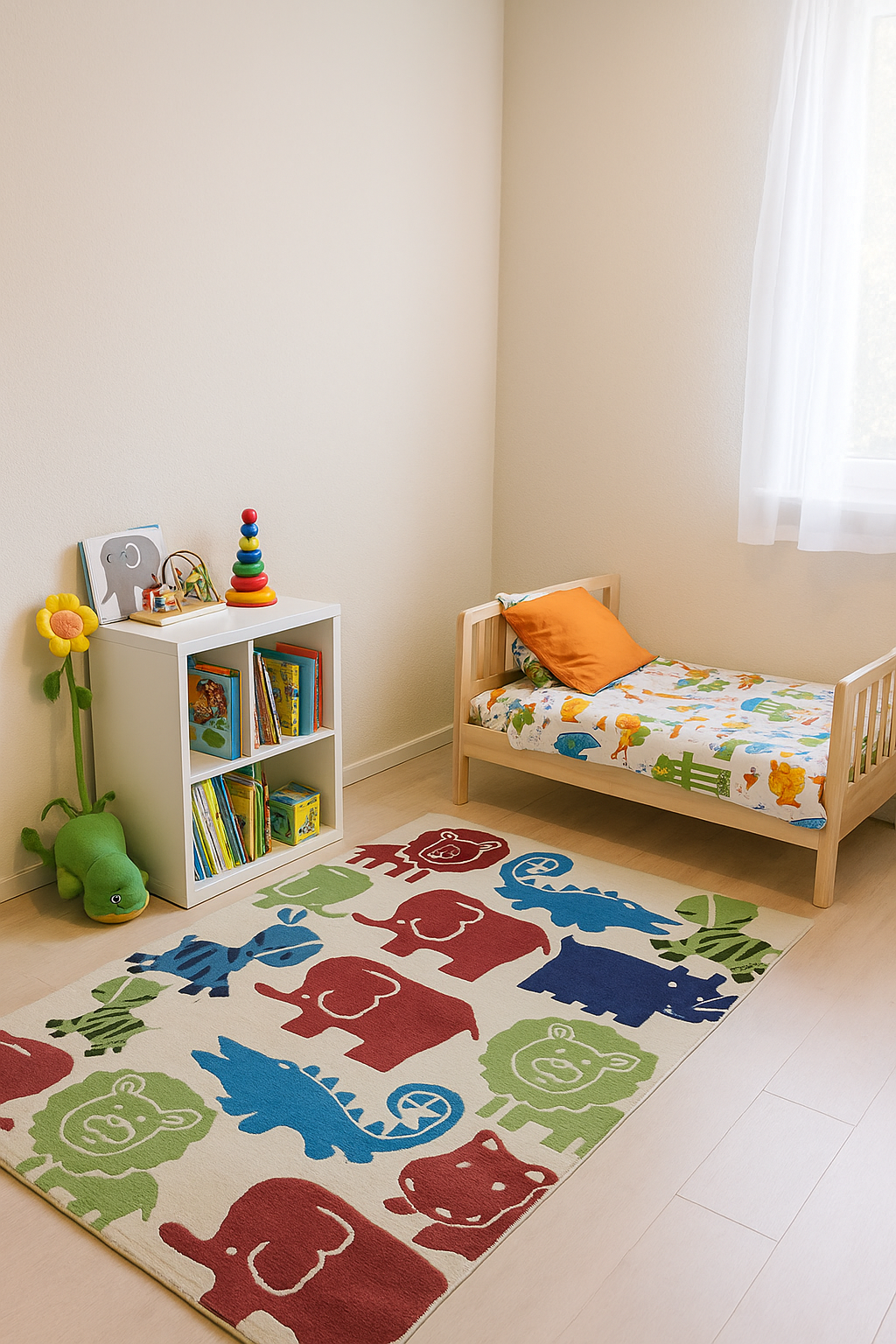 Safari Animals Kids Rug – Custom Beige, Maroon & Blue Hand-Tufted Jungle Playmat for Nursery & Bedroom
