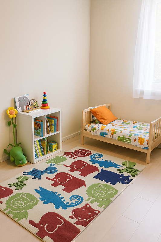Safari Animals Kids Rug – Custom Beige, Maroon & Blue Hand-Tufted Jungle Playmat for Nursery & Bedroom