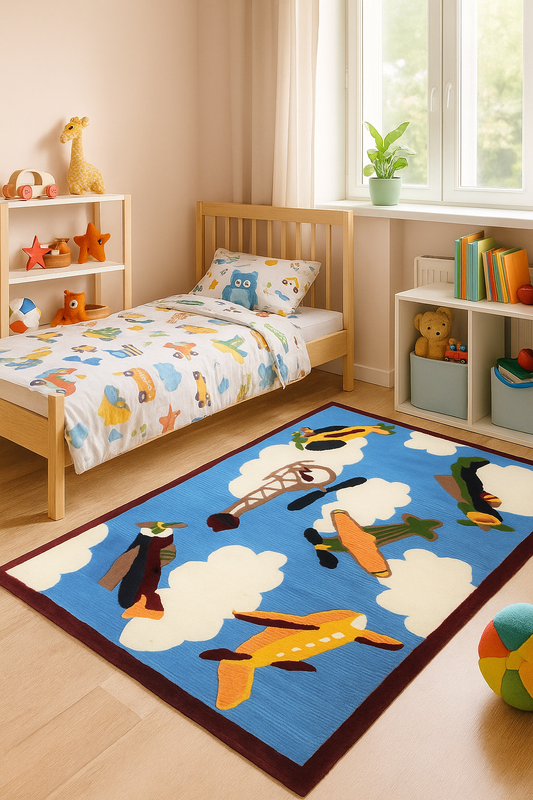 Playful Kids' Airplane Hand Tufted Custom made Area Rug - Blue Sky & Clouds