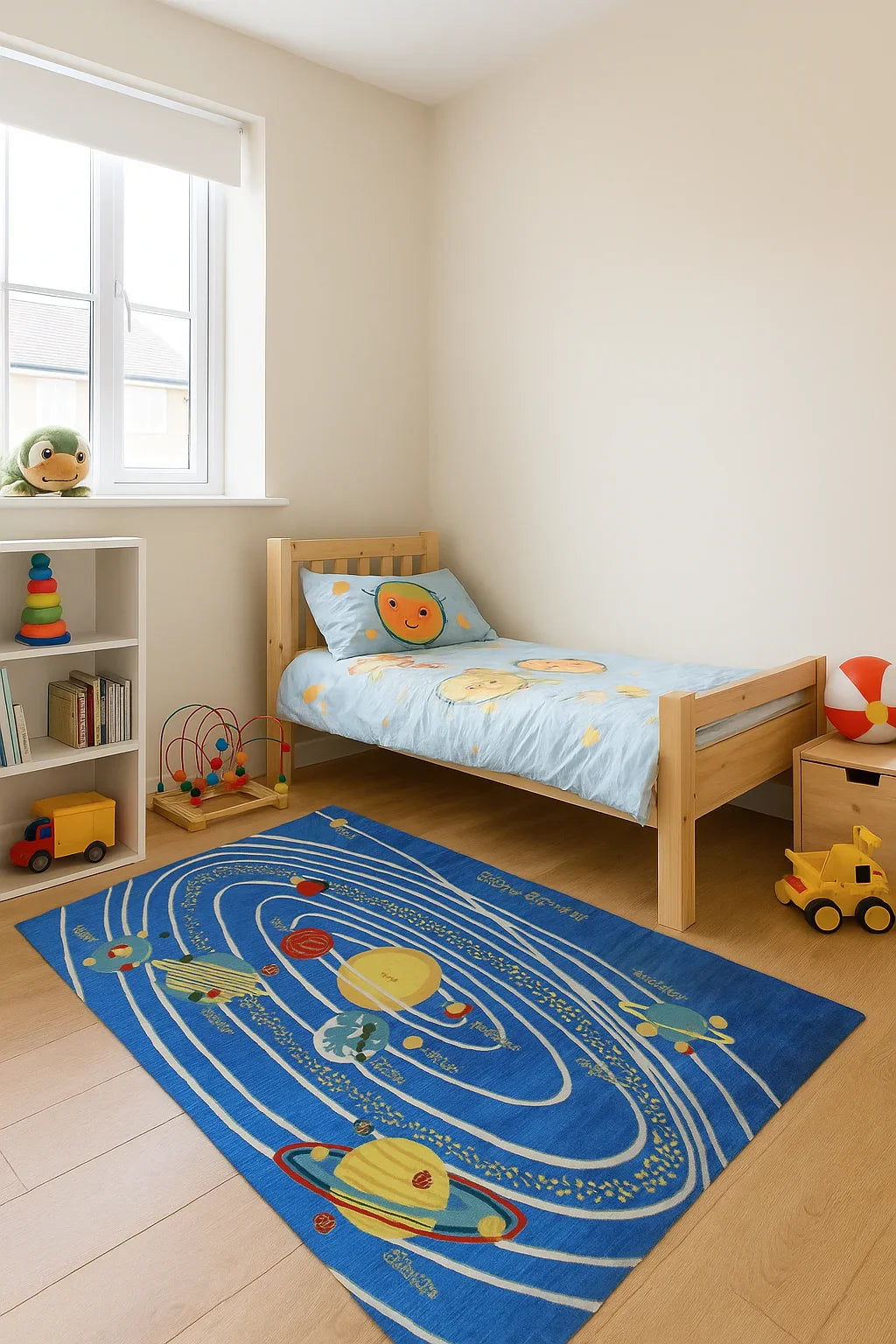 Custom made Space Theme Blue Hand-Tufted Playful Kids' Rug - Planets & Stars Design.