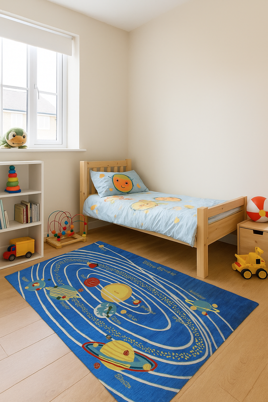 Custom made Space Theme Blue Hand-Tufted Playful Kids' Rug - Planets & Stars Design