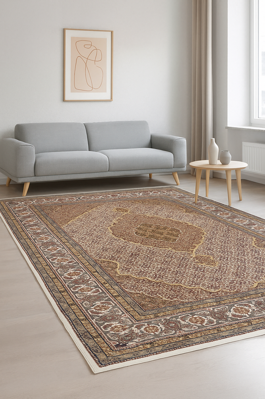 6x9 Fine Hand Knotted Wool Rug – Traditional Heriz Medallion in Brown, Ivory, Rust & Gold