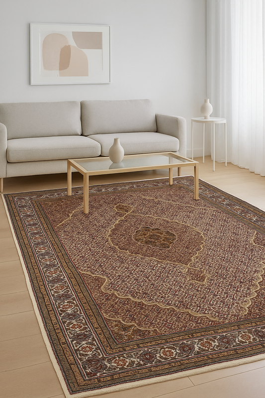 Brown, Ivory & Rust Fine Hand Knotted 6x9 Traditional Heriz Wool Rug