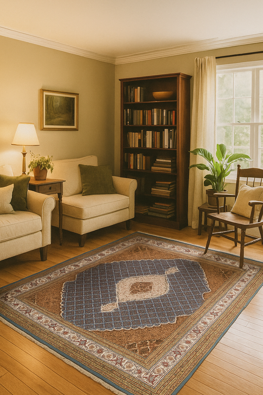 Premium look Fine Hand Knotted Ivory, Blue, Gold and Brown Traditional Heriz medallion design Custom made wool area rug