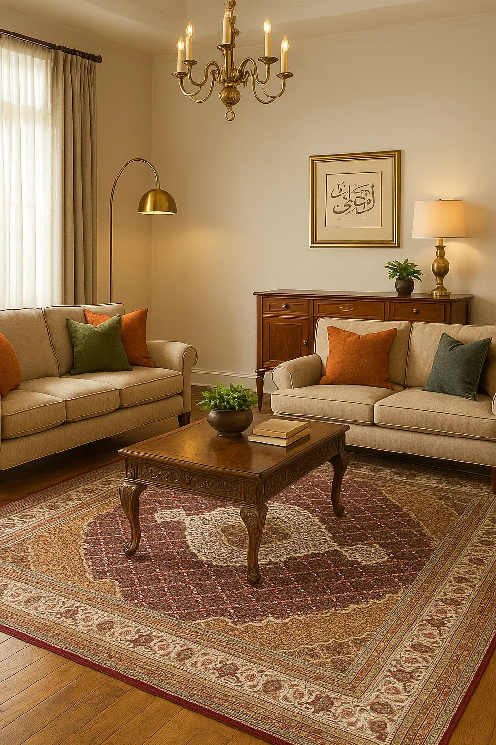 Premium look Ivory, Brown and Gold Traditional Heriz Hand knotted medallion design custom made wool area rug.