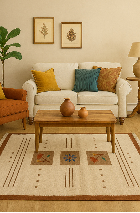 Handwoven Modern Geometrical Floral Block 4.6x6.6 Beige & Tan Flatweave Durry Rug
