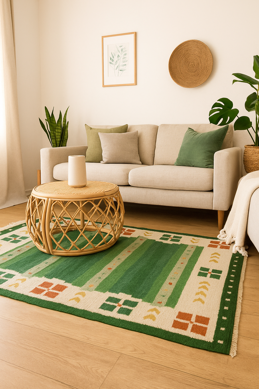 Modern Geometrical 4.6x6.6 Handwoven Green & Beige Stripes Flatweave Durry Rug.
