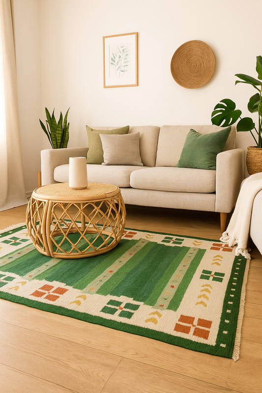 Modern Geometrical 4.6x6.6 Handwoven Green & Beige Stripes Flatweave Durry Rug