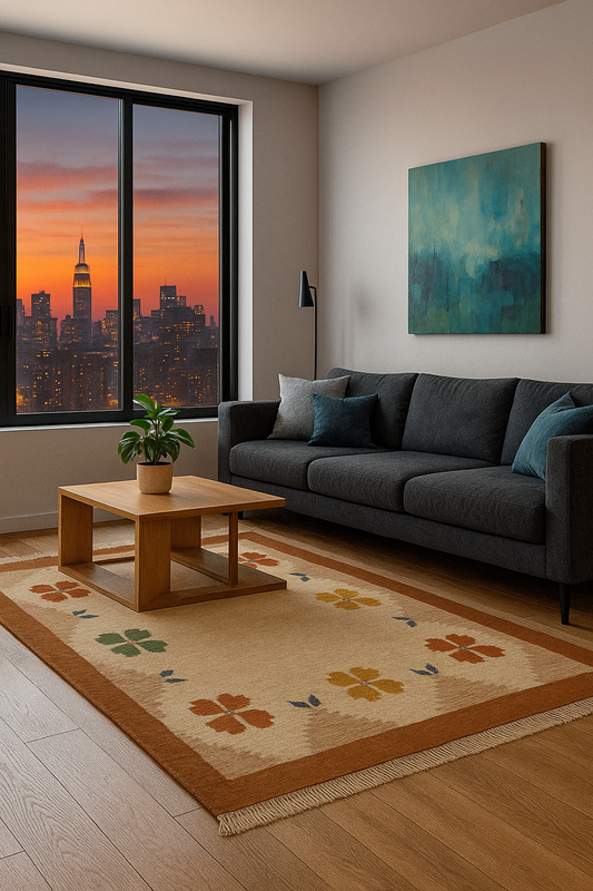 4.6x6.6 Handwoven Beige, Tan & Brown Geometrical Floral Flatweave Durry Rug