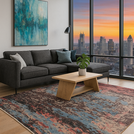 8x10 Modern Abstract Brown Blue Red Hand Knotted Wool Rug.