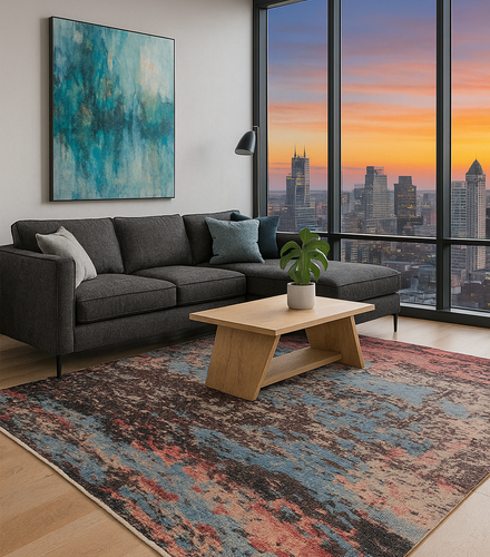 8x10 Modern Abstract Brown Blue Red Hand Knotted Wool Rug.