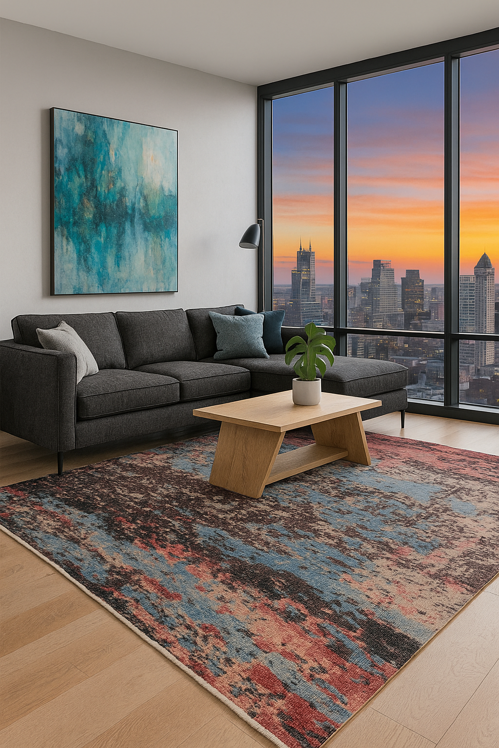 8x10 Modern Abstract Brown Blue Red Hand Knotted Wool Rug.