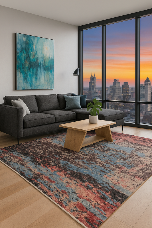 8x10 Modern Abstract Brown Blue Red Hand Knotted Wool Rug