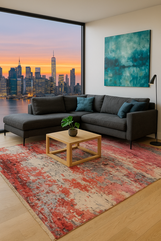 Brick Red Beige Gray 8x10 Modern Abstract Hand Knotted Wool Rug