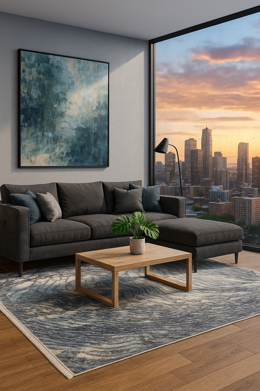 Sea Waves Flowing Modern Abstract Design Blue, Beige, Charcoal and Gray 7.6x10 Wool Area Rug
