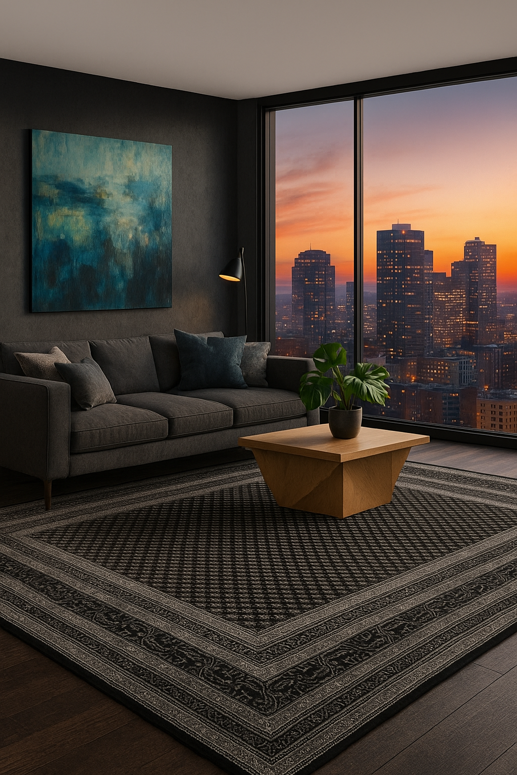 Fine Hand-Knotted Black & Charcoal Modern Geometric Wool Area Rug – Available in 7x10 and 8.6x11.6 Sizes