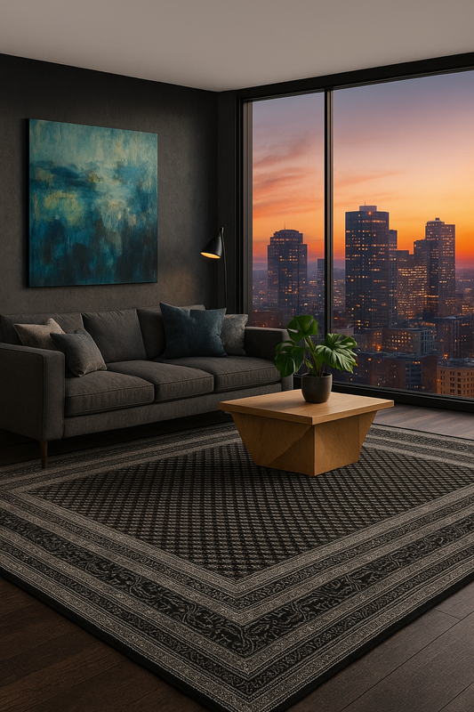 Fine Hand-Knotted Black & Charcoal Modern Geometric Wool Area Rug – Available in 7x10 and 8.6x11.6 Sizes