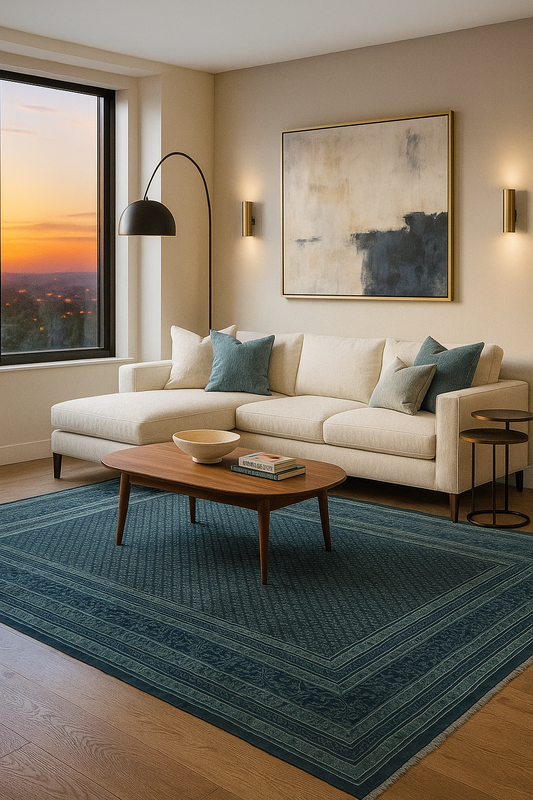 Fine Hand-Knotted Blue, Ivory & Green Modern Geometric Wool Area Rug – Available in 7x10 and 8x10 Sizes