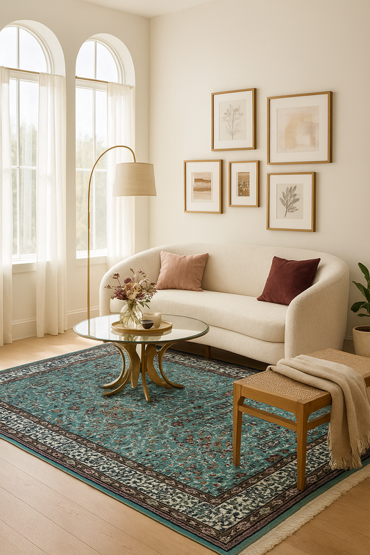 Traditional Floral Wool Rug – 4x6 Teal, Ivory, Brown Fine Hand-Knotted Carpet
