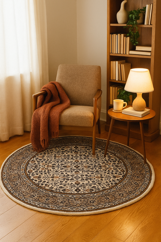 Traditional Floral Round Wool Rug – 3x3 & 5x5 Ivory, Brown, Tan Fine Hand-Knotted Carpet