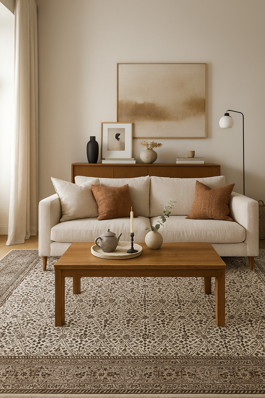 6.6x9 Traditional Floral Ivory, Brown & Tan Fine Hand-Knotted Wool Rug