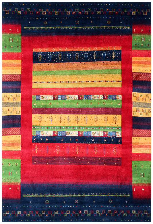 Hand Knotted Gabbeh Tribal Wool Rug 5.6x8 Navy Blue Red Multi Horizontal Stripes