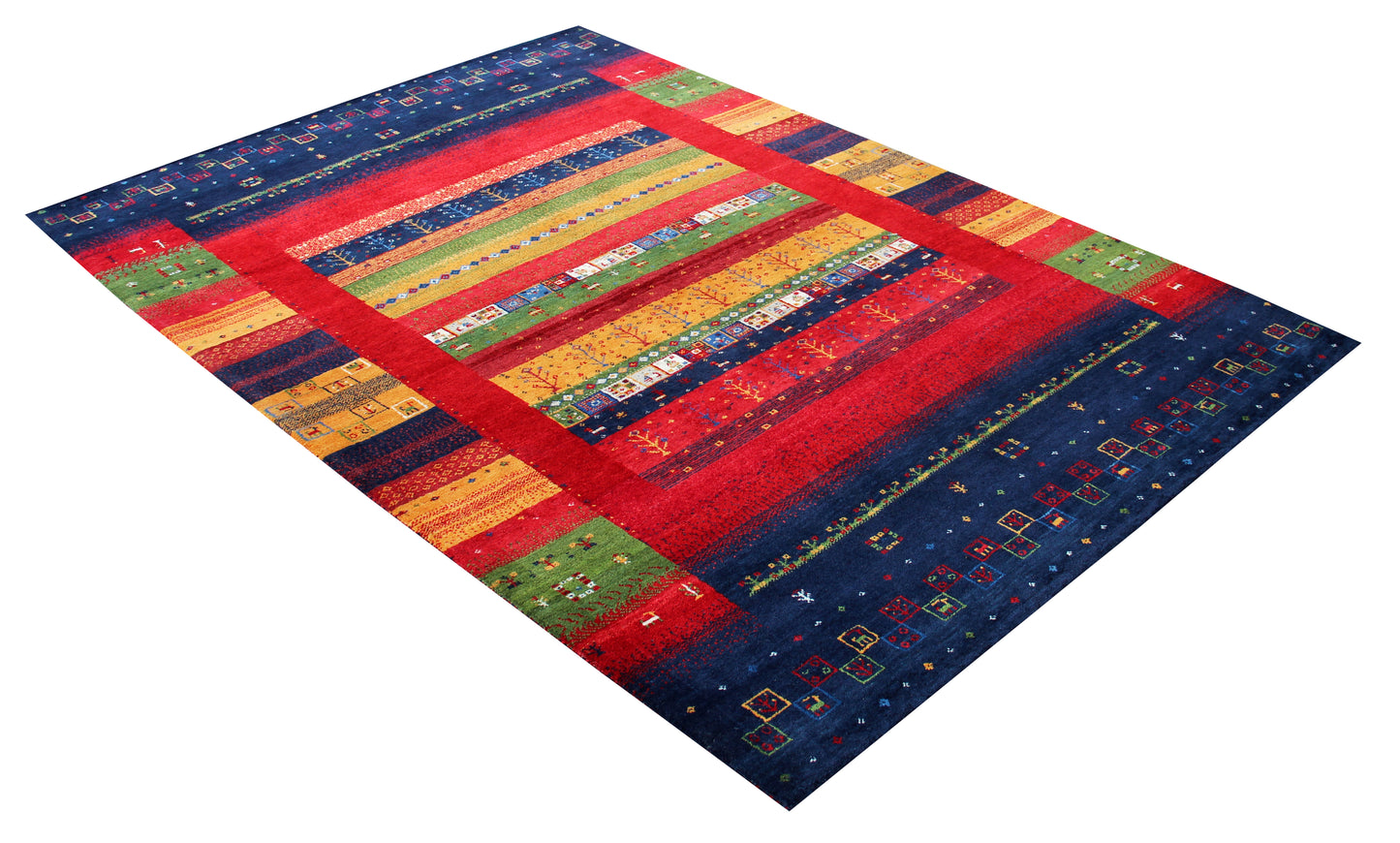 Hand Knotted Gabbeh Tribal Wool Rug 5.6x8 Navy Blue Red Multi Horizontal Stripes