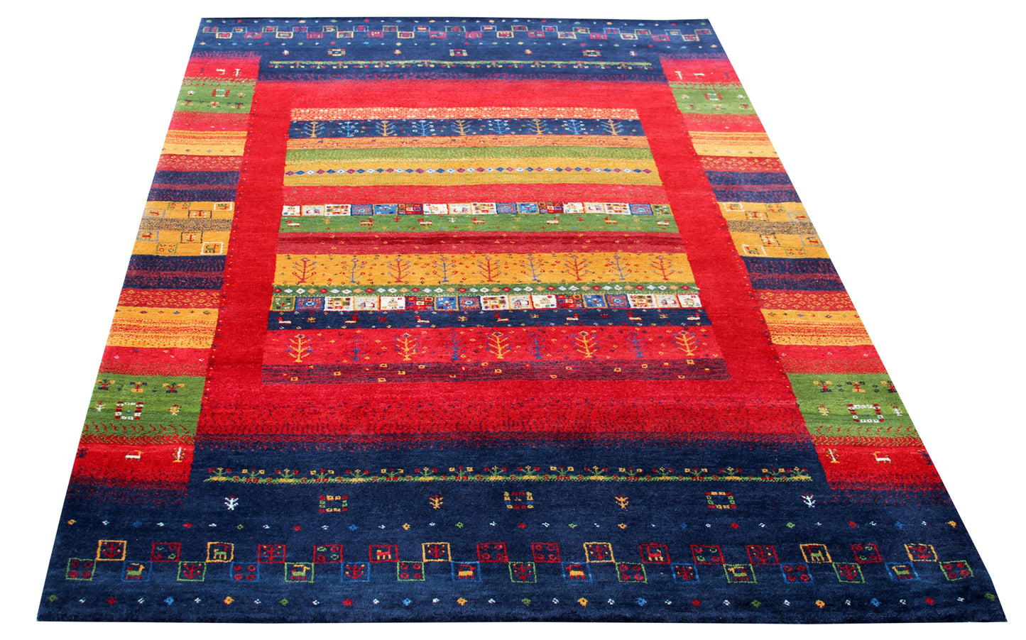 Hand Knotted Gabbeh Tribal Wool Rug 5.6x8 Navy Blue Red Multi Horizontal Stripes