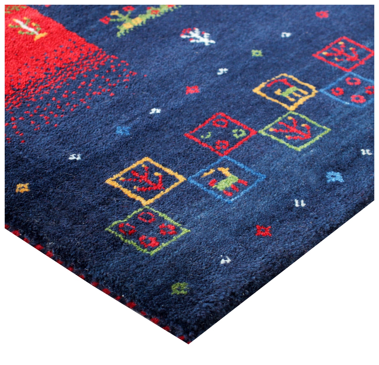 Hand Knotted Gabbeh Tribal Wool Rug 5.6x8 Navy Blue Red Multi Horizontal Stripes