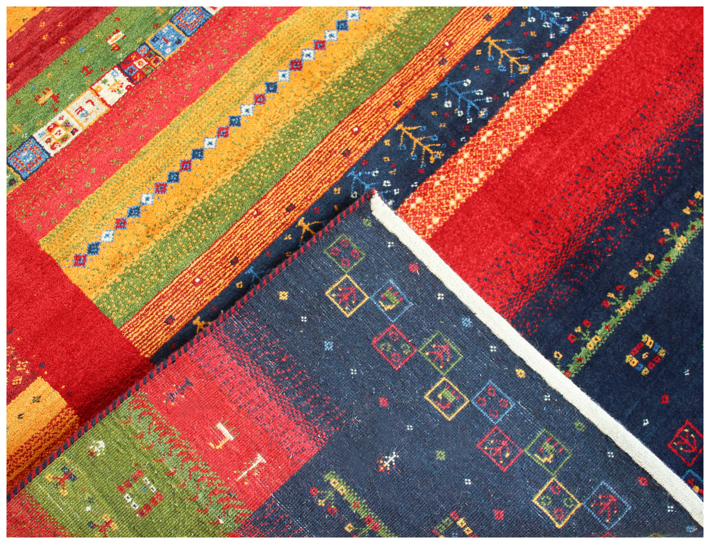 Hand Knotted Gabbeh Tribal Wool Rug 5.6x8 Navy Blue Red Multi Horizontal Stripes