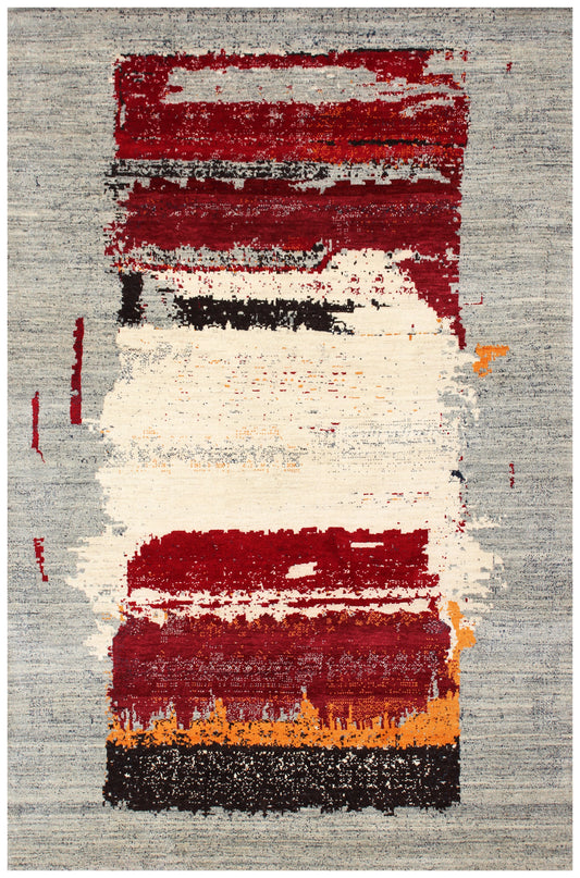 Hand Knotted Contemporary Abstract Wool Rug 5.6x8 Grey Red Brushstroke