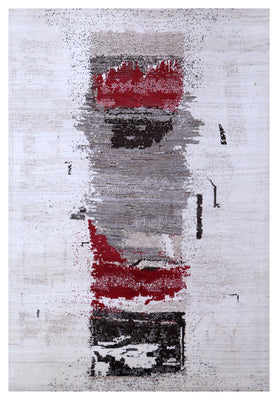 Ivory White Modern Abstract Expressionist Column Hand Knotted Wool Contemporary 5.6x8 Area Rug
