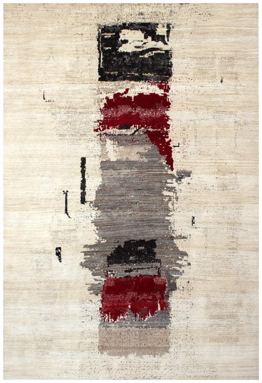 Hand Knotted Contemporary Abstract Wool Rug 8x10 - Beige Red Grey Blocks