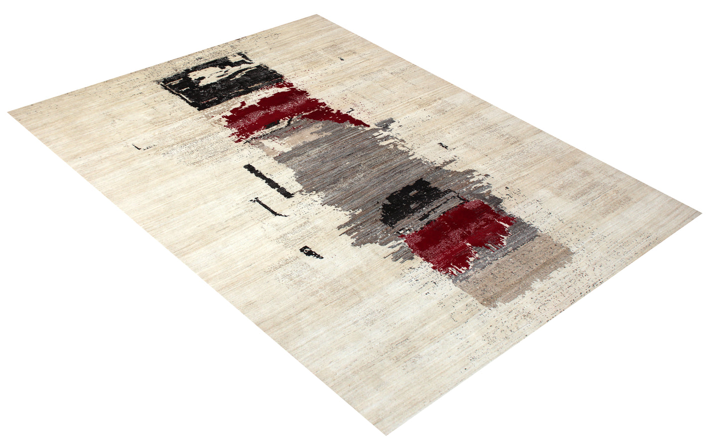 Hand Knotted Contemporary Abstract Wool Rug 8x10 - Beige Red Grey Blocks