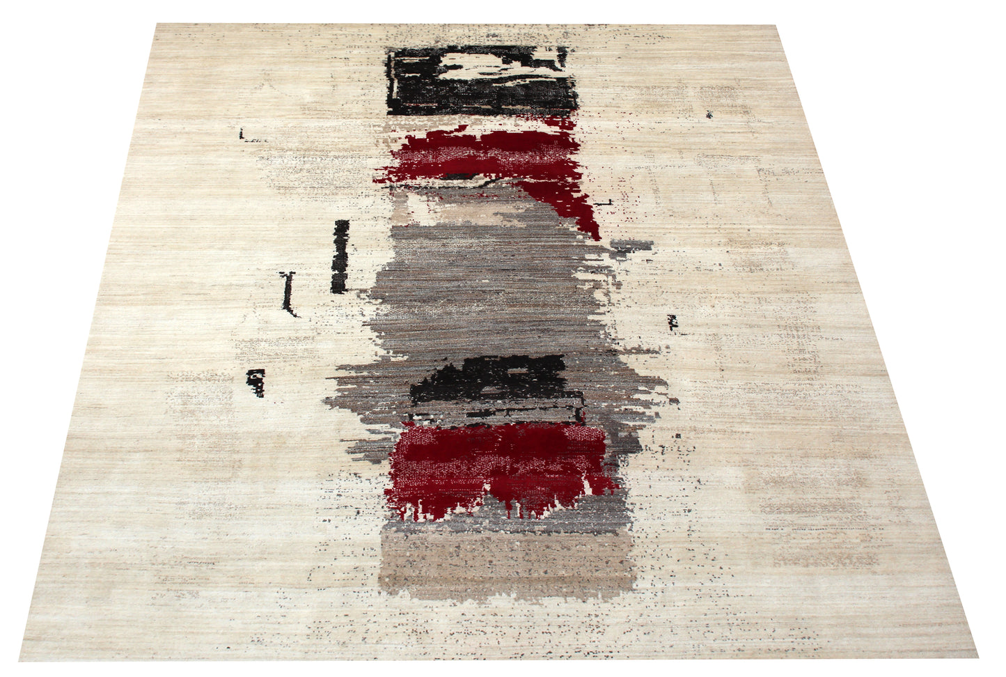 Hand Knotted Contemporary Abstract Wool Rug 8x10 - Beige Red Grey Blocks
