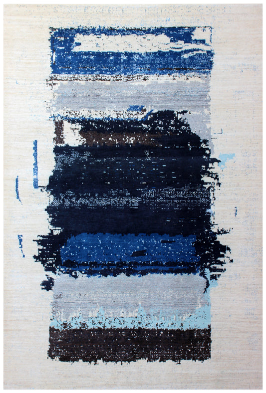 Modern Abstract Brushstroke Hand Knotted Ivory Navy Blue 5.6x8 Area Rug