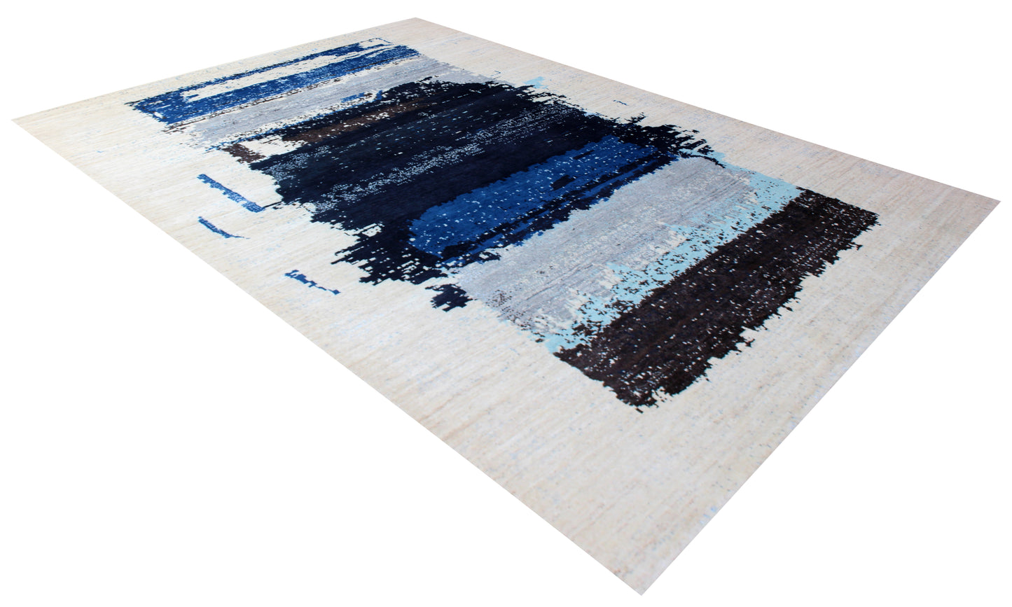 Modern Abstract Brushstroke Hand Knotted Ivory Navy Blue 5.6x8 Area Rug