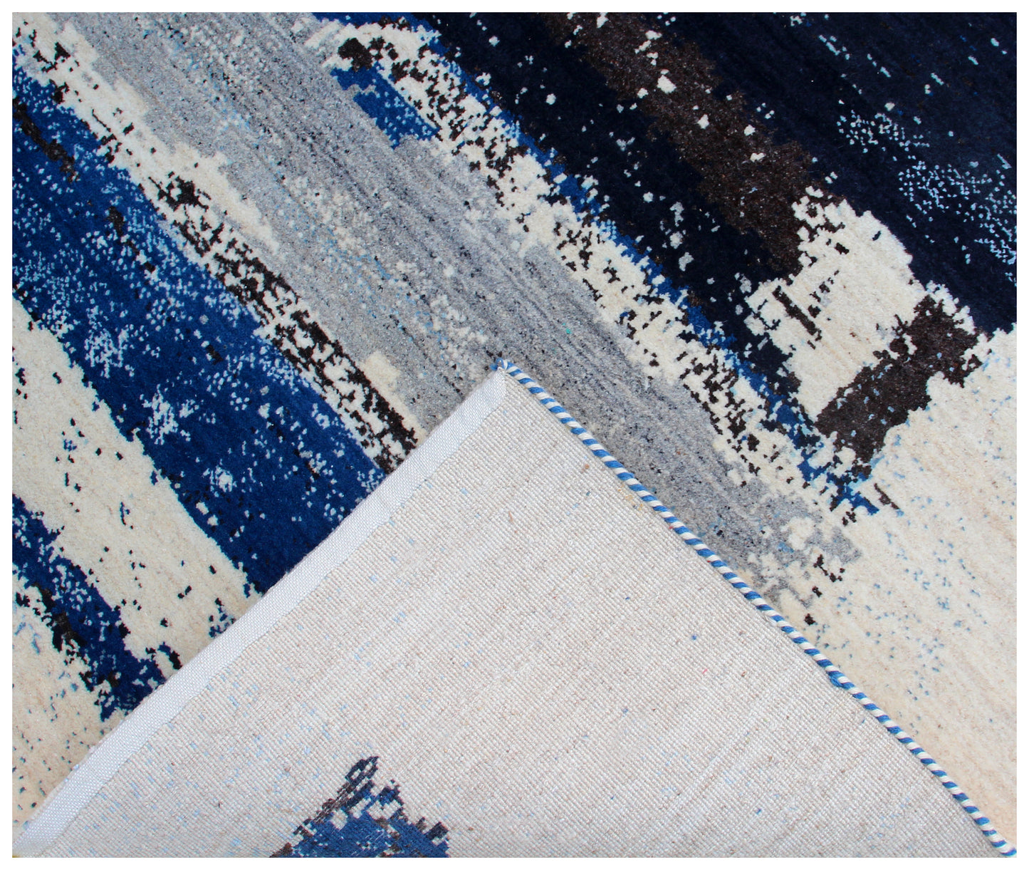Modern Abstract Brushstroke Hand Knotted Ivory Navy Blue 5.6x8 Area Rug