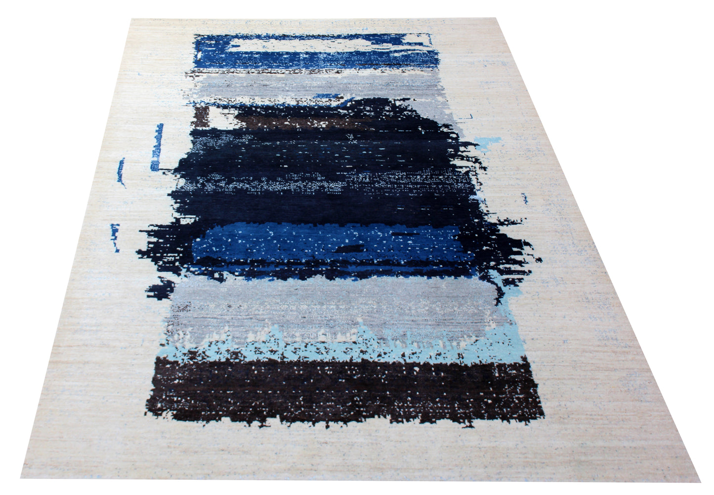 Modern Abstract Brushstroke Hand Knotted Ivory Navy Blue 5.6x8 Area Rug