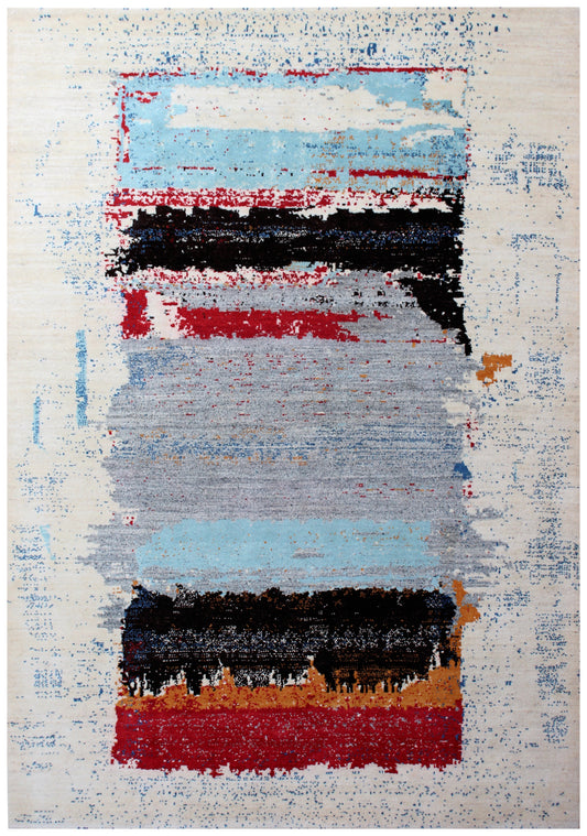 Hand Knotted Ivory Red Modern Abstract 5.6x8 Area Rug