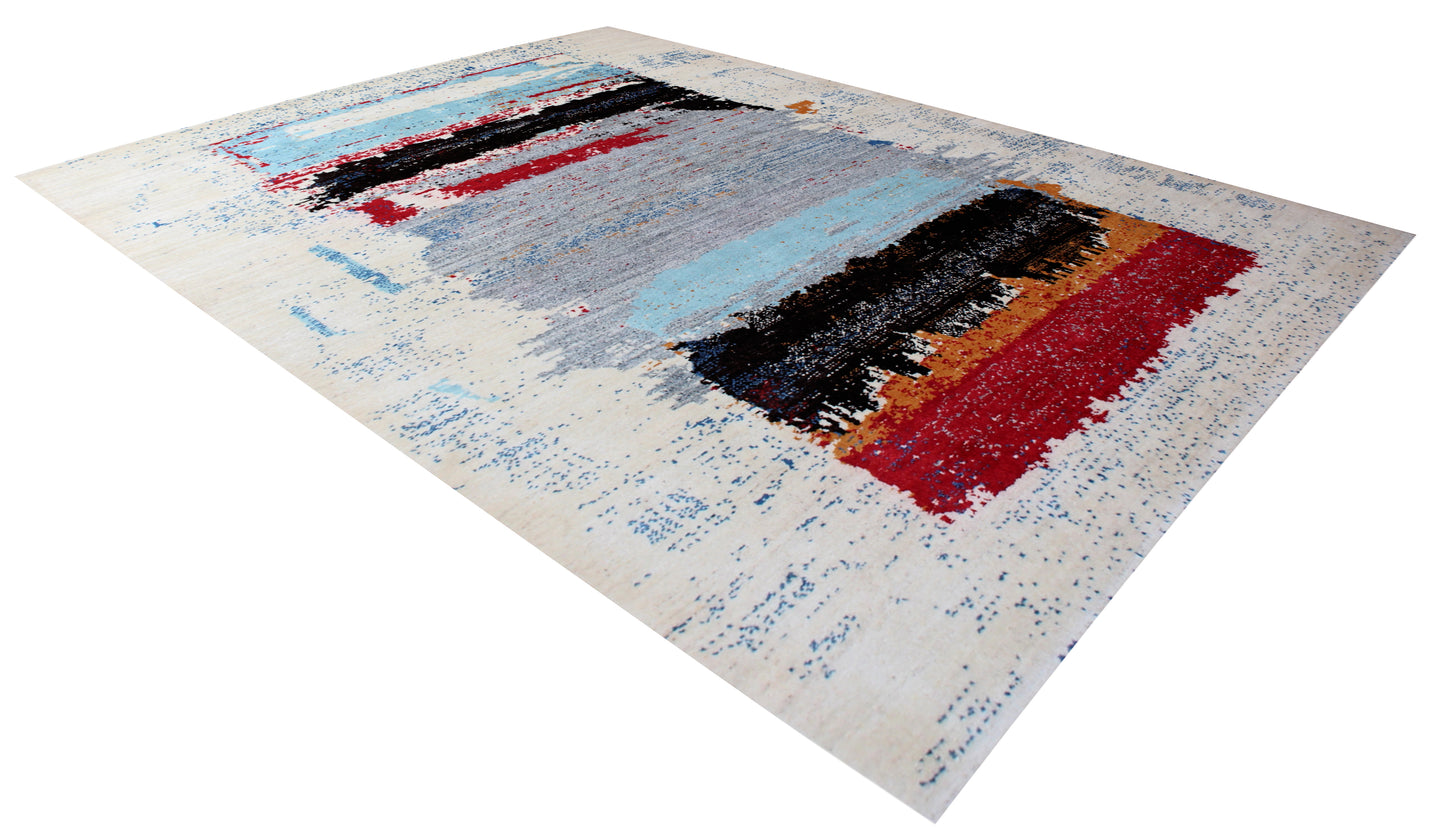 Hand Knotted Ivory Red Modern Abstract 5.6x8 Area Rug