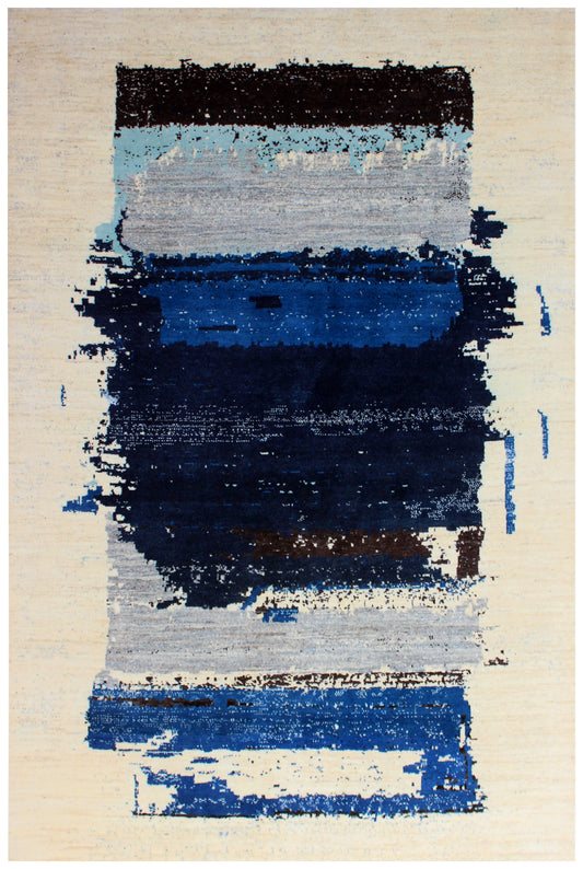 Beige Navy Blue 5.6x8 Hand Knotted Modern Abstract Area Rug