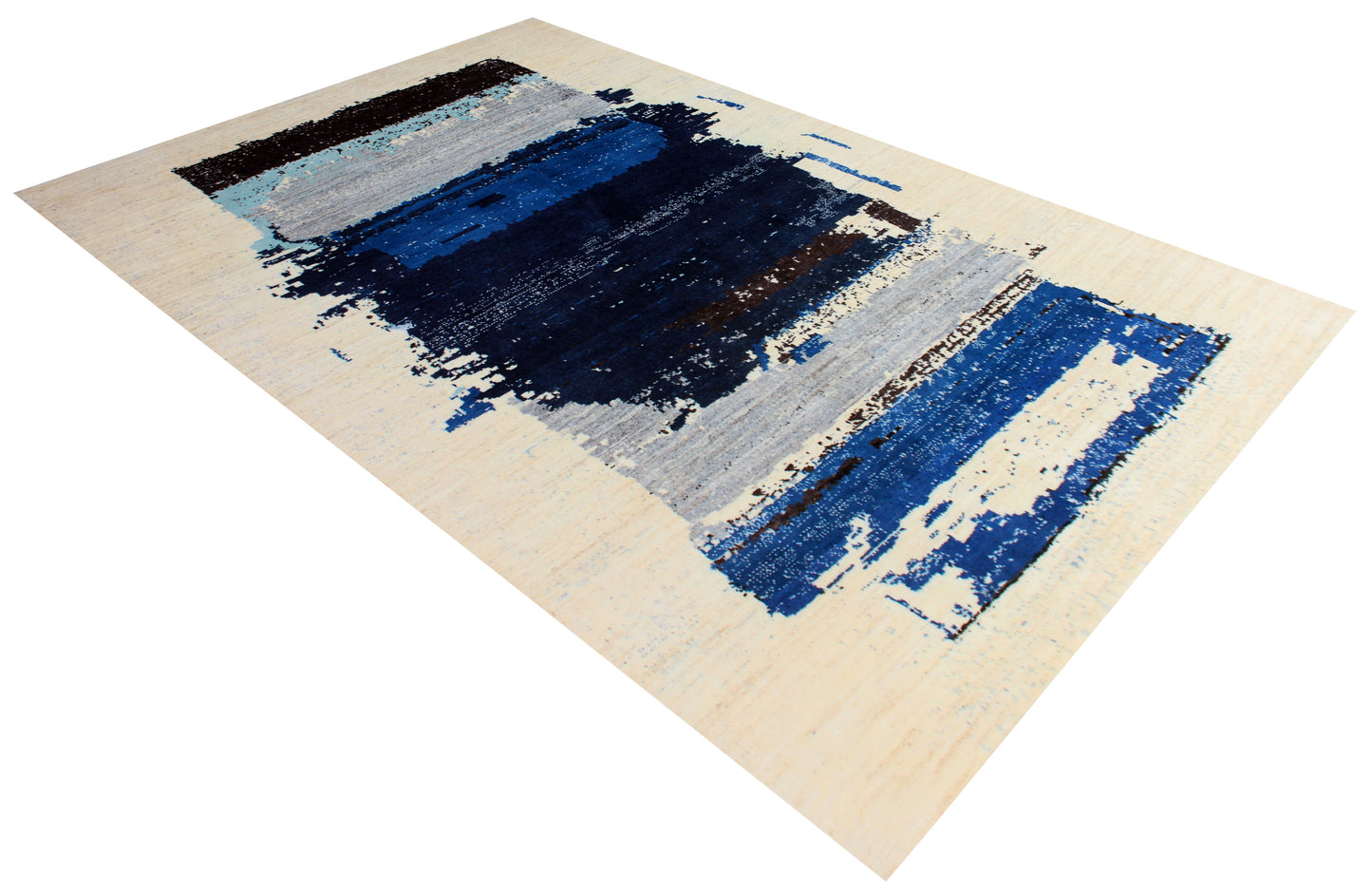 Beige Navy Blue 5.6x8 Hand Knotted Modern Abstract Area Rug
