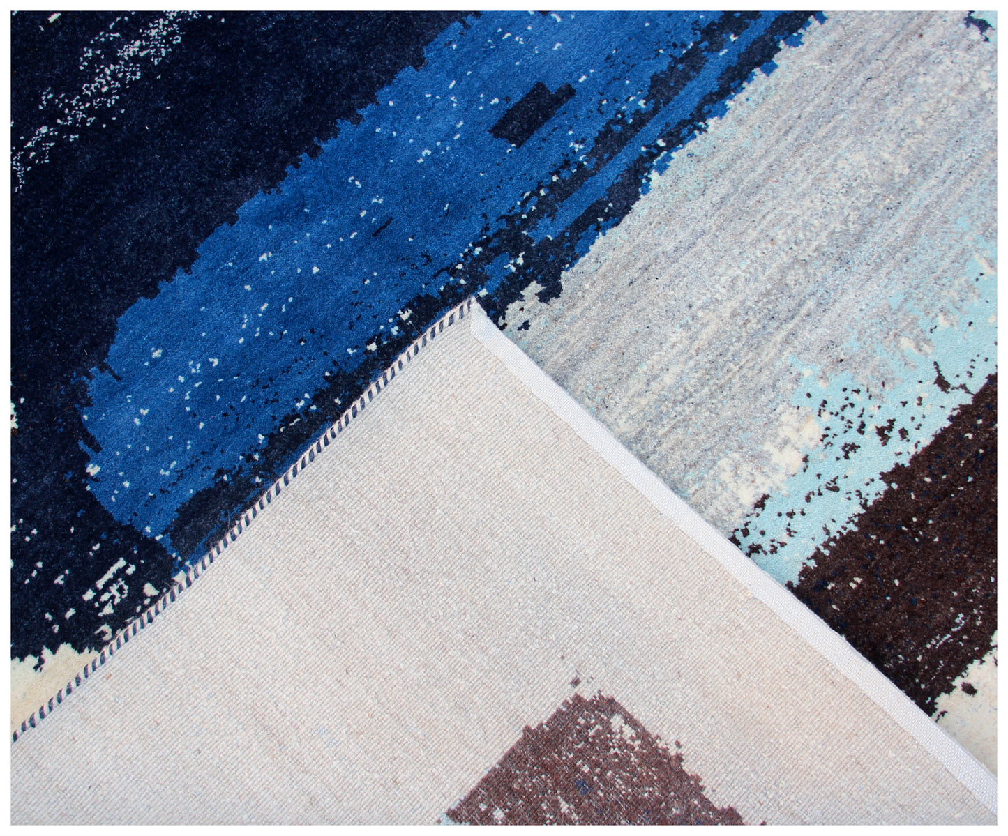 Beige Navy Blue 5.6x8 Hand Knotted Modern Abstract Area Rug
