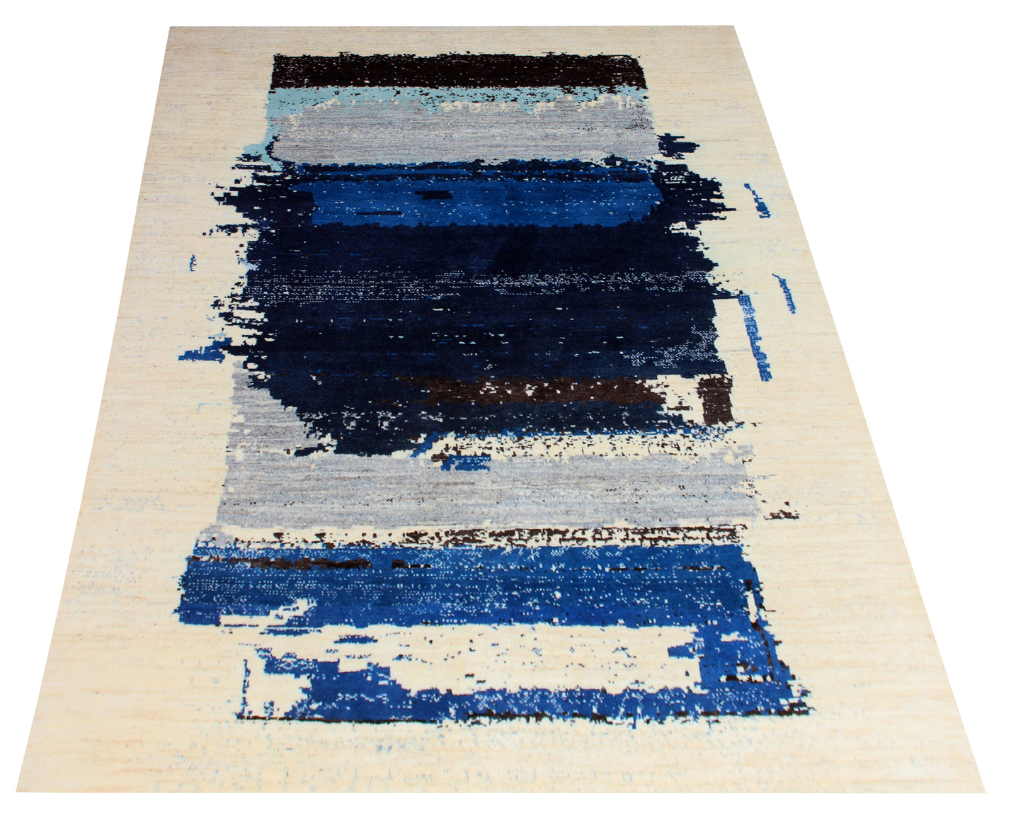 Beige Navy Blue 5.6x8 Hand Knotted Modern Abstract Area Rug